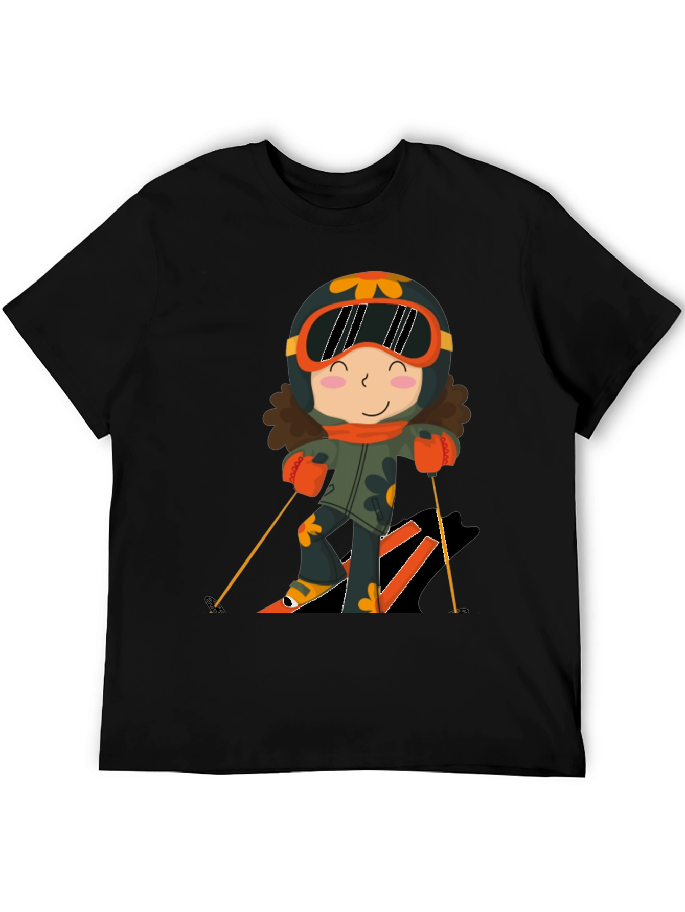 Cartoon Skier Black T-Shirt
