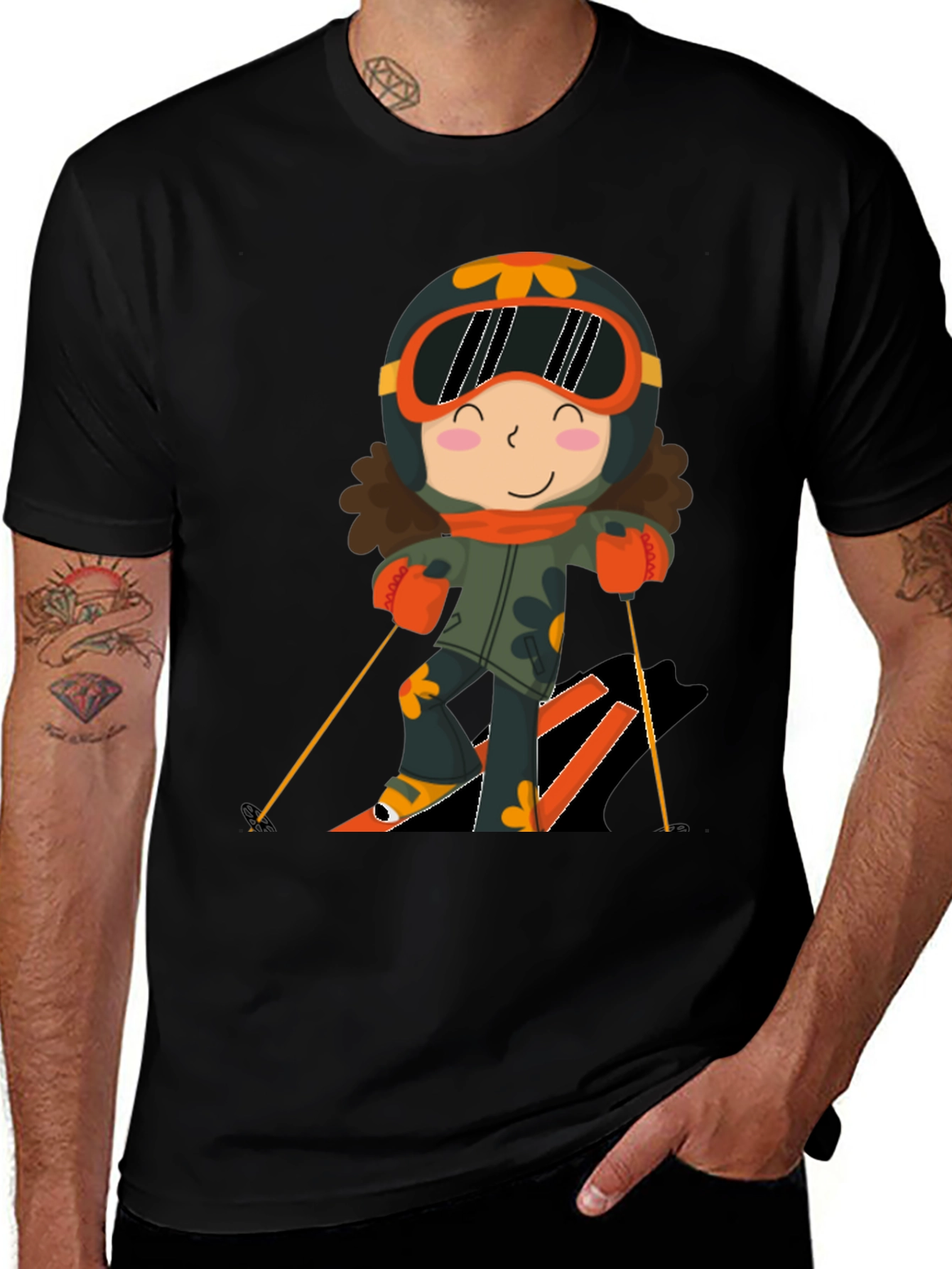 Cartoon Skier Black T-Shirt