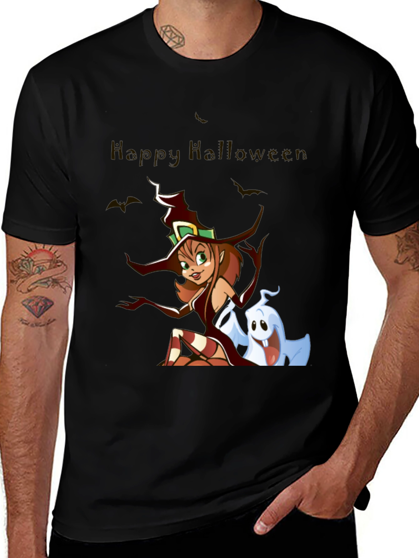 Happy Halloween Witch & Ghost Black T-Shirt
