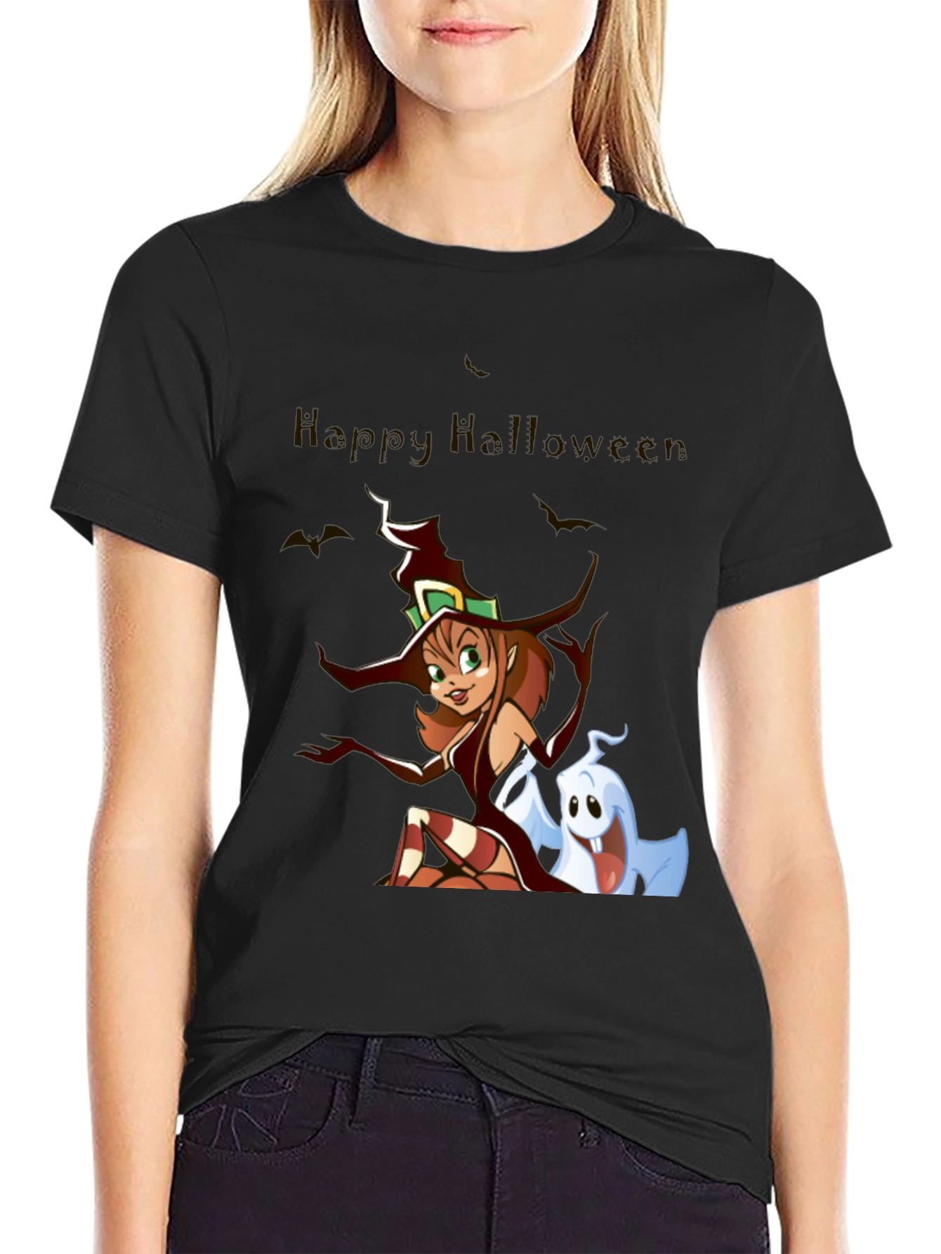 Happy Halloween Witch & Ghost Black T-Shirt