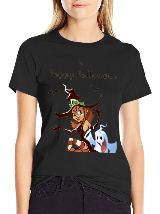 Happy Halloween Witch & Ghost Black T-Shirt
