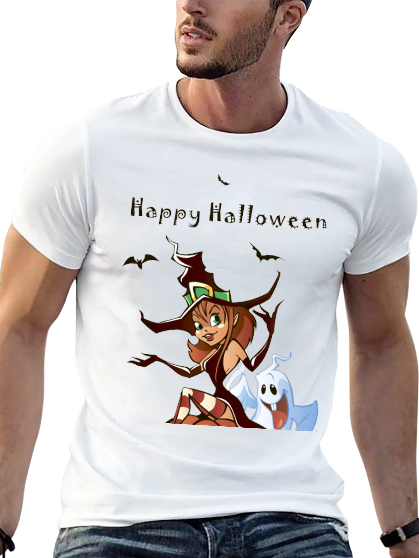 Happy Halloween Witch & Ghost Black T-Shirt