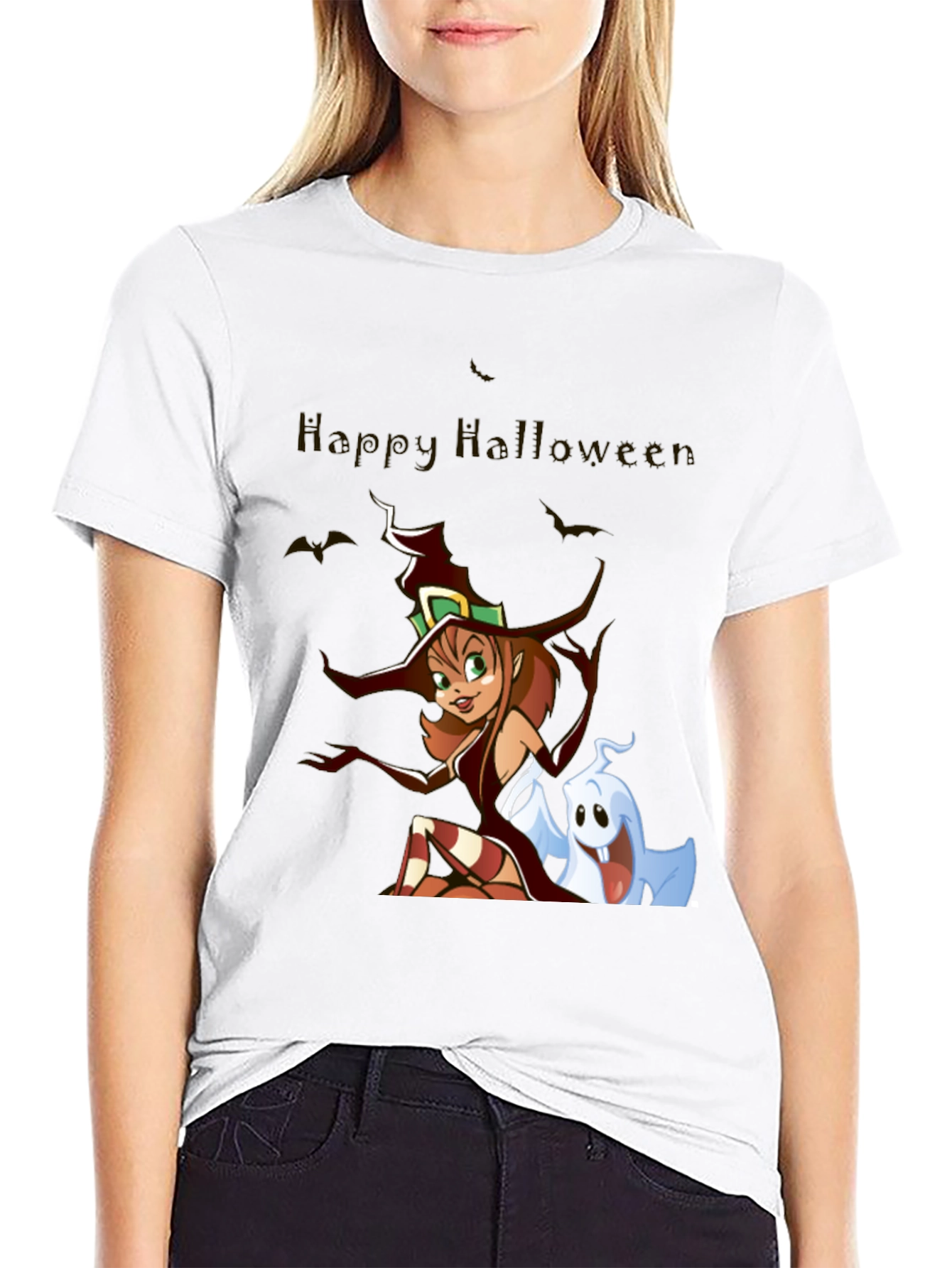 Happy Halloween Witch & Ghost Black T-Shirt