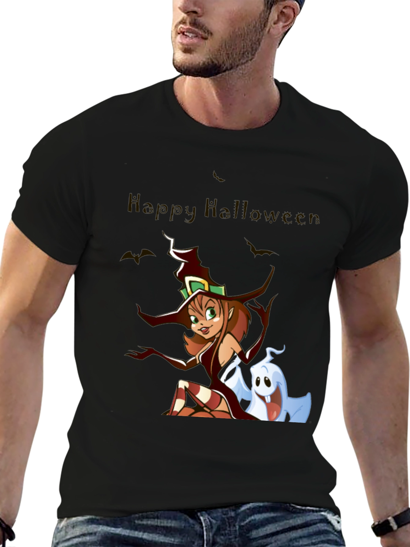 Happy Halloween Witch & Ghost Black T-Shirt