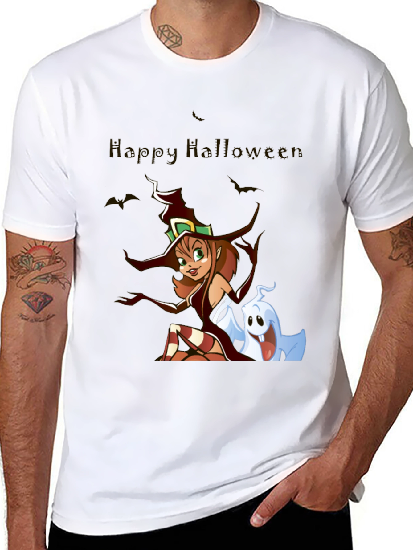 Happy Halloween Witch & Ghost Black T-Shirt