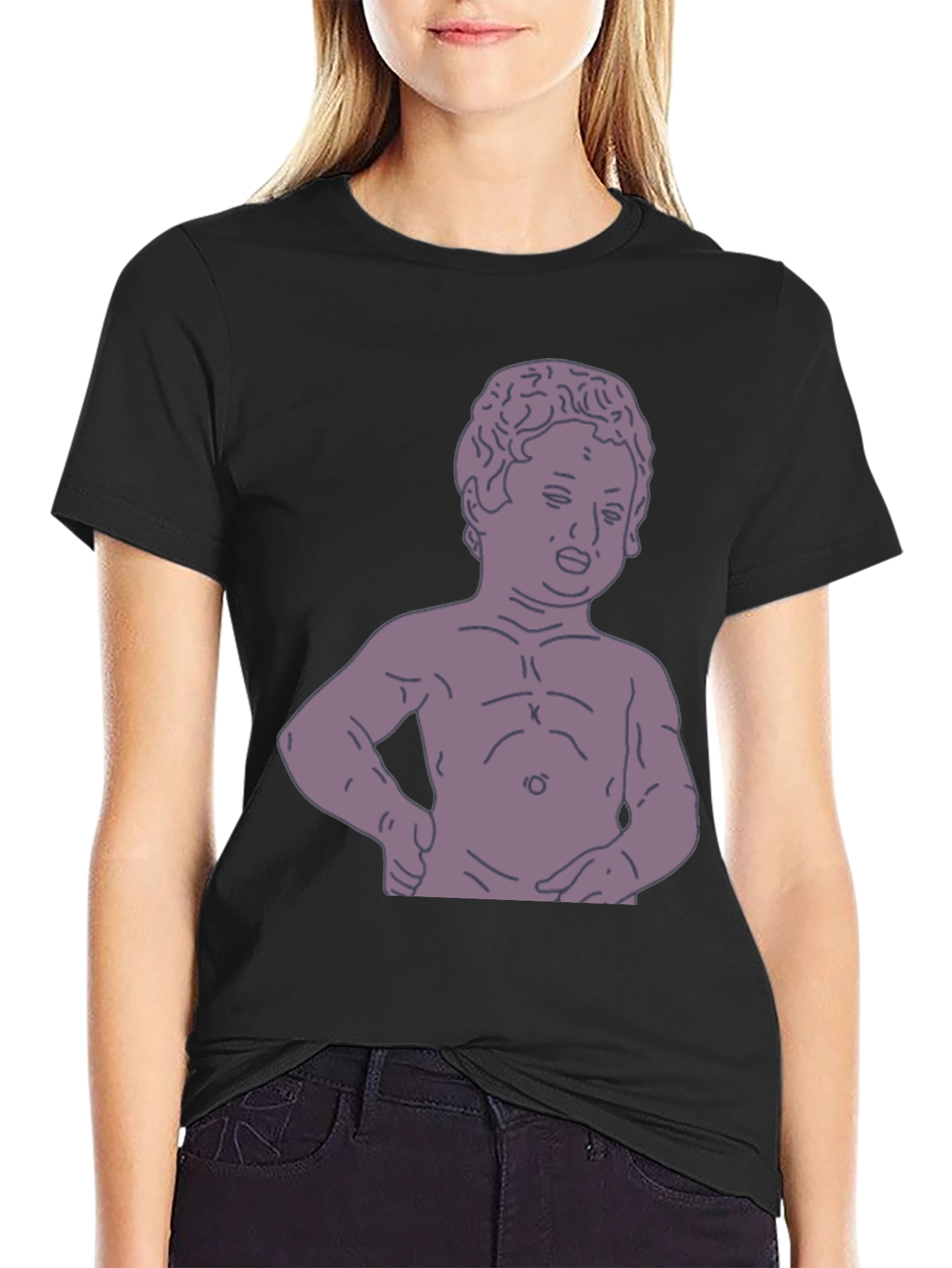Humorous Baby Statue Graphic Tee - Black