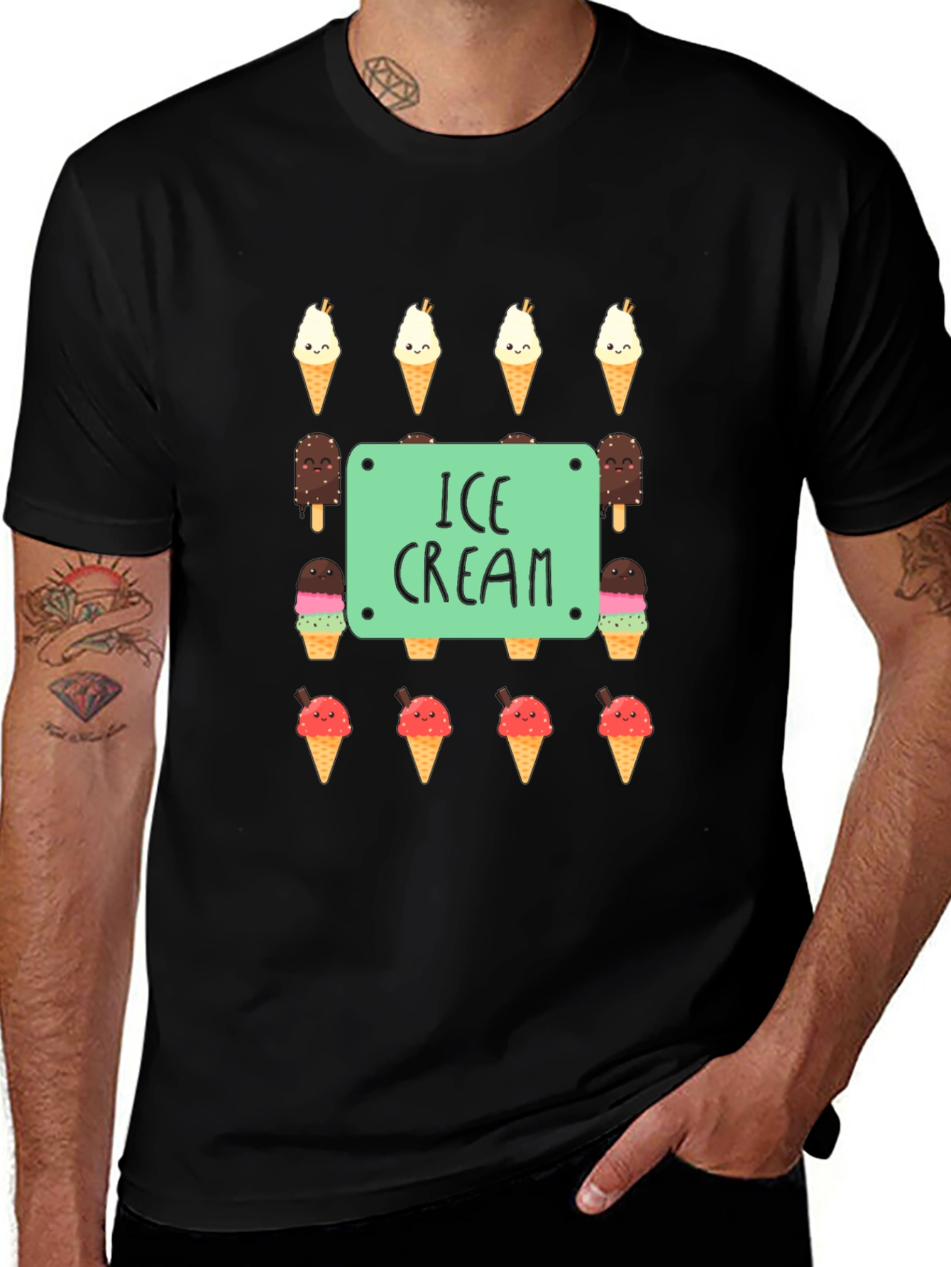 Ice Cream Print Black T-Shirt