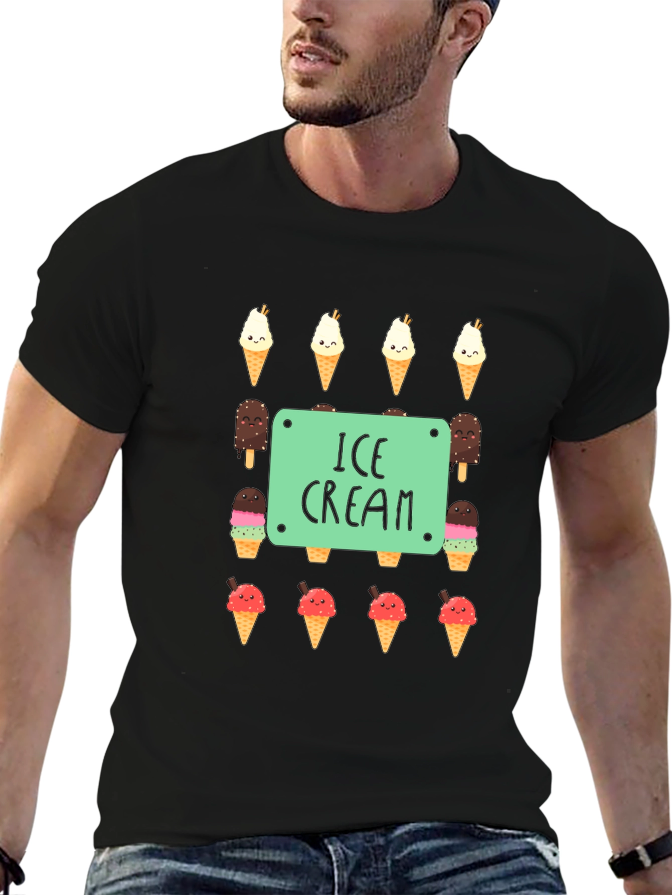 Ice Cream Print Black T-Shirt