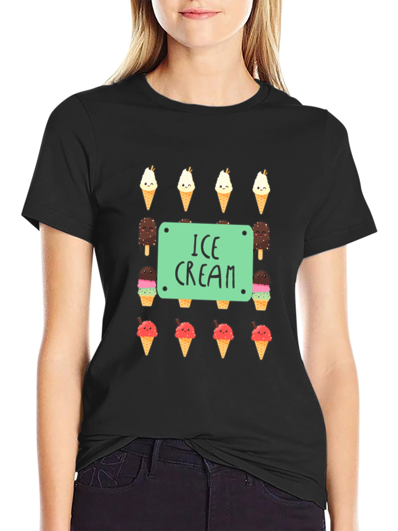 Ice Cream Print Black T-Shirt