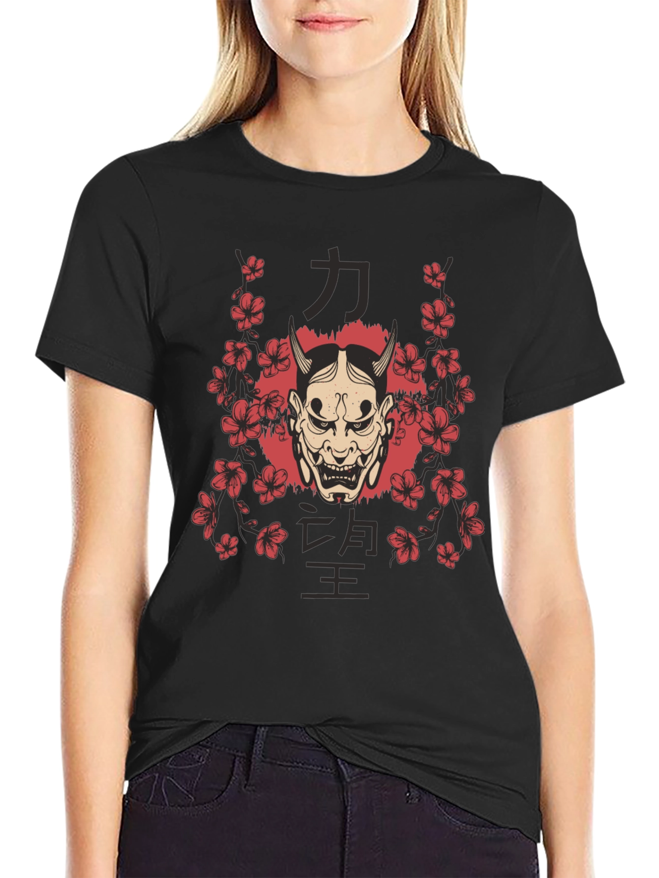 Mens Oni Mask Floral Graphic Black T-Shirt