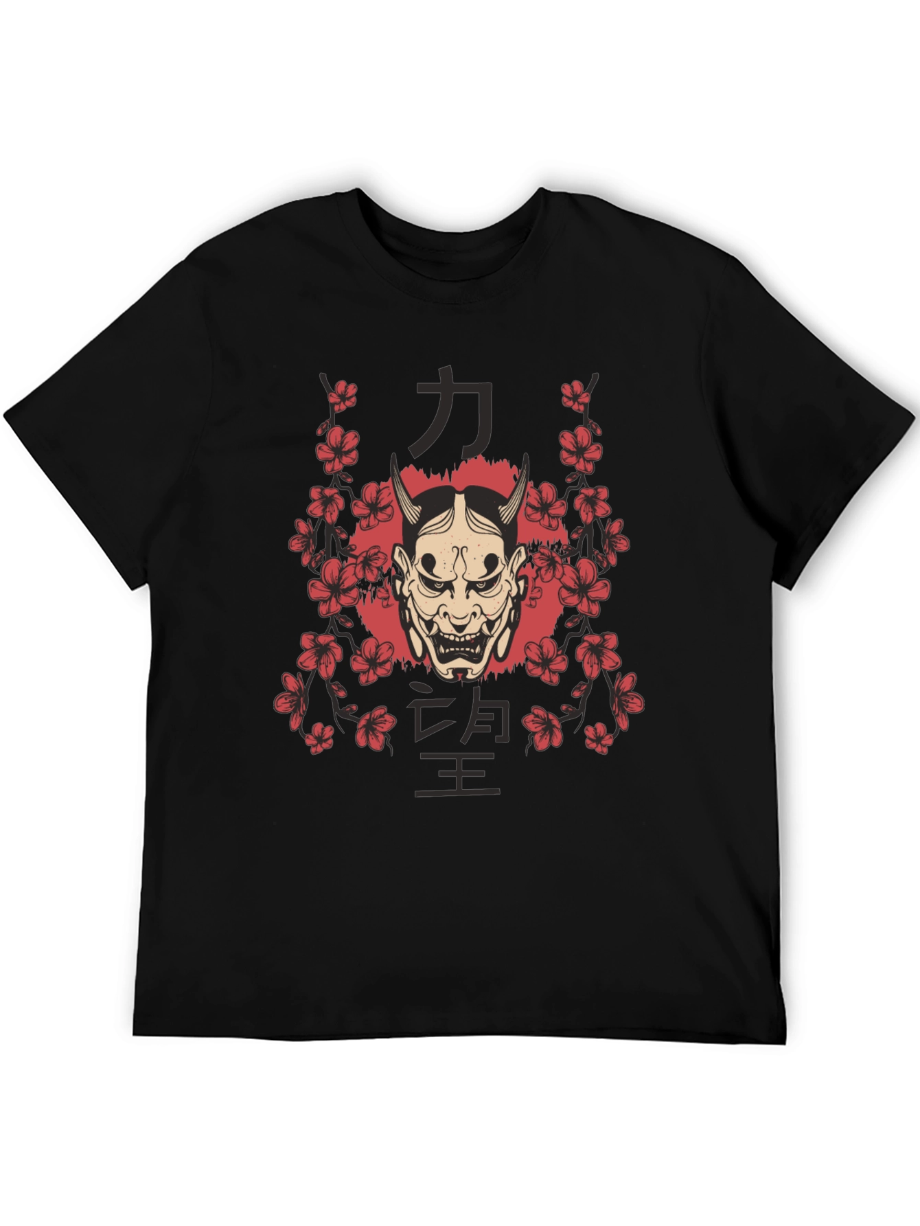 Mens Oni Mask Floral Graphic Black T-Shirt