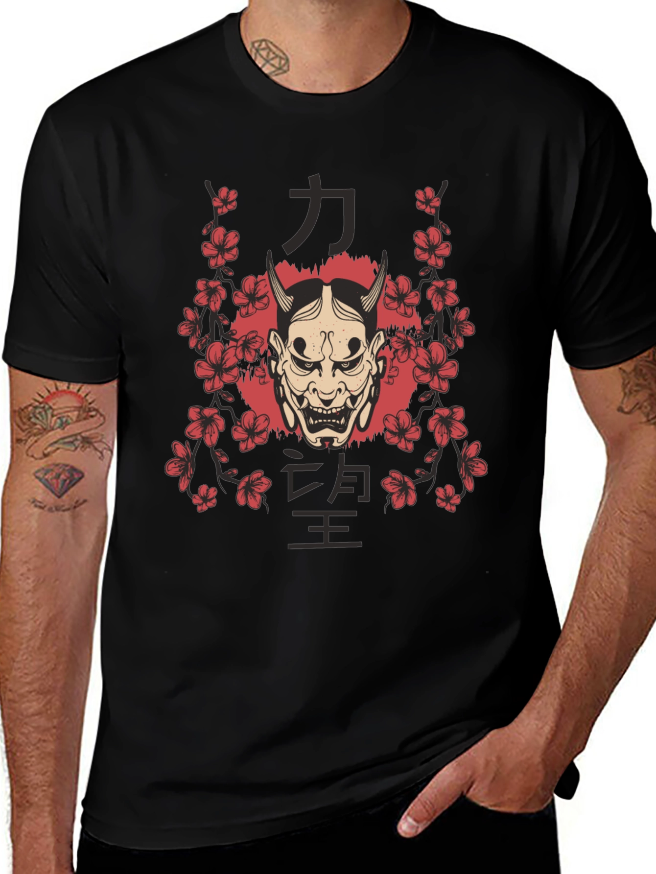 Mens Oni Mask Floral Graphic Black T-Shirt