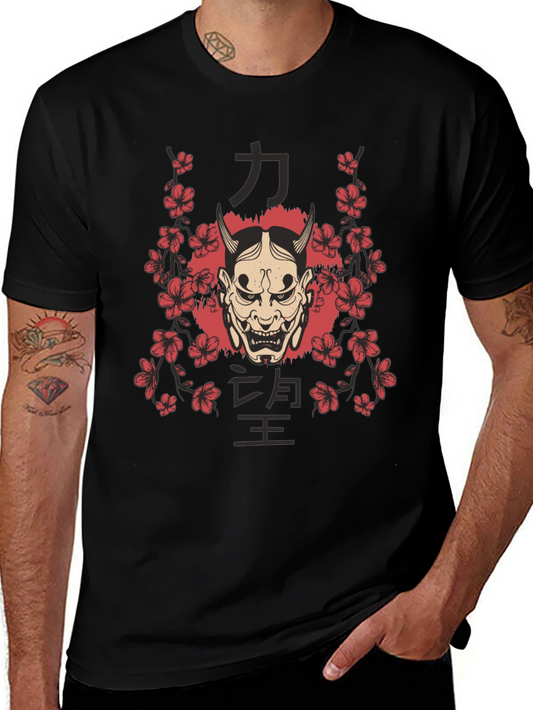 Mens Oni Mask Floral Graphic Black T-Shirt
