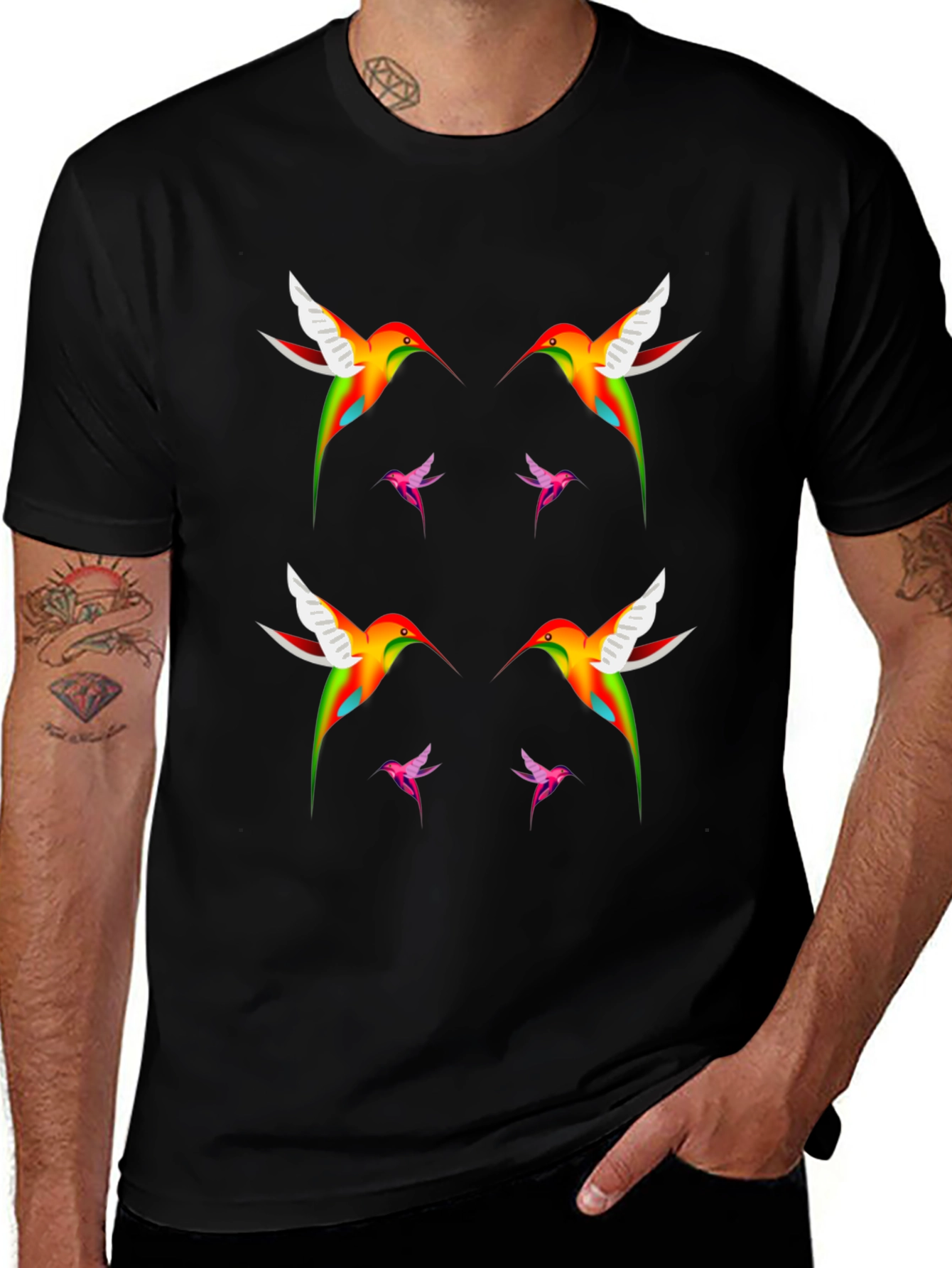 Hummingbird Print Black T-Shirt