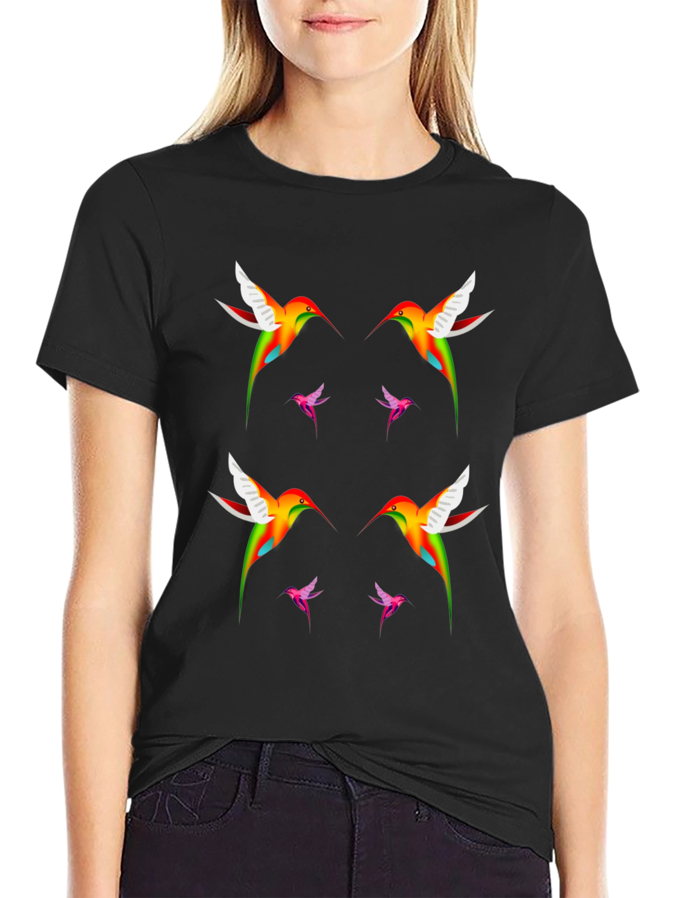 Hummingbird Print Black T-Shirt