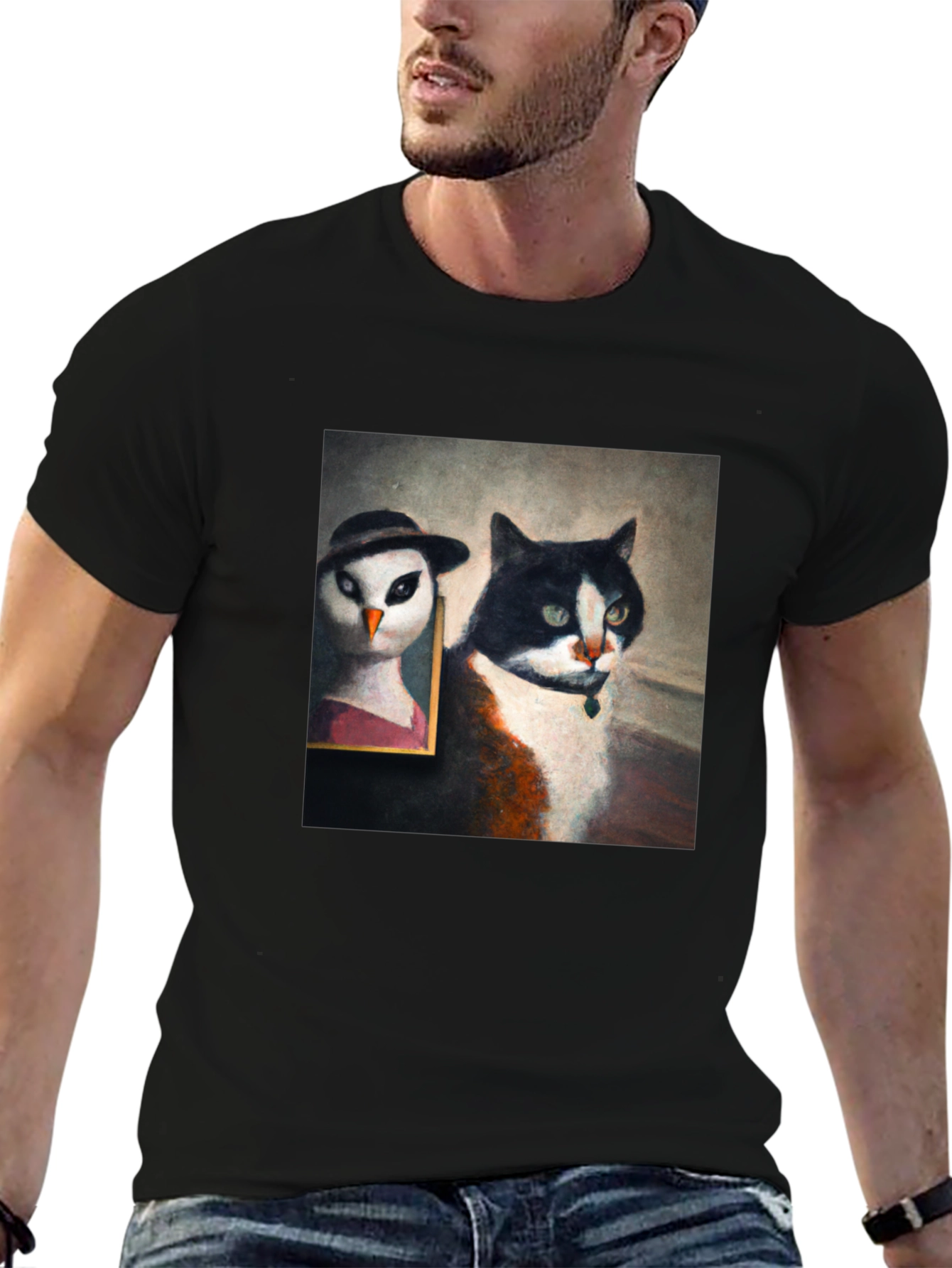 Cat & Owl Portrait Black T-Shirt