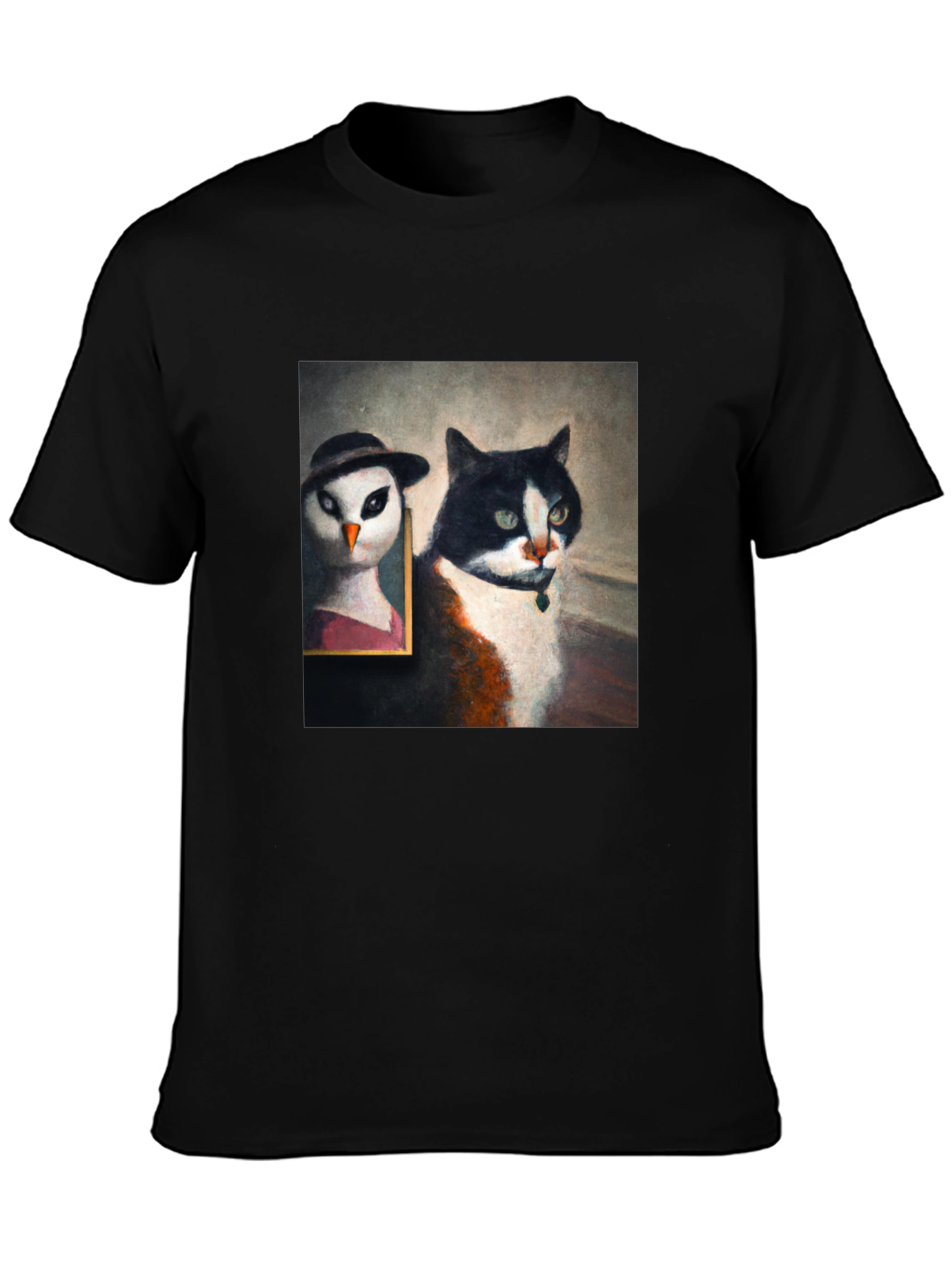 Cat & Owl Portrait Black T-Shirt