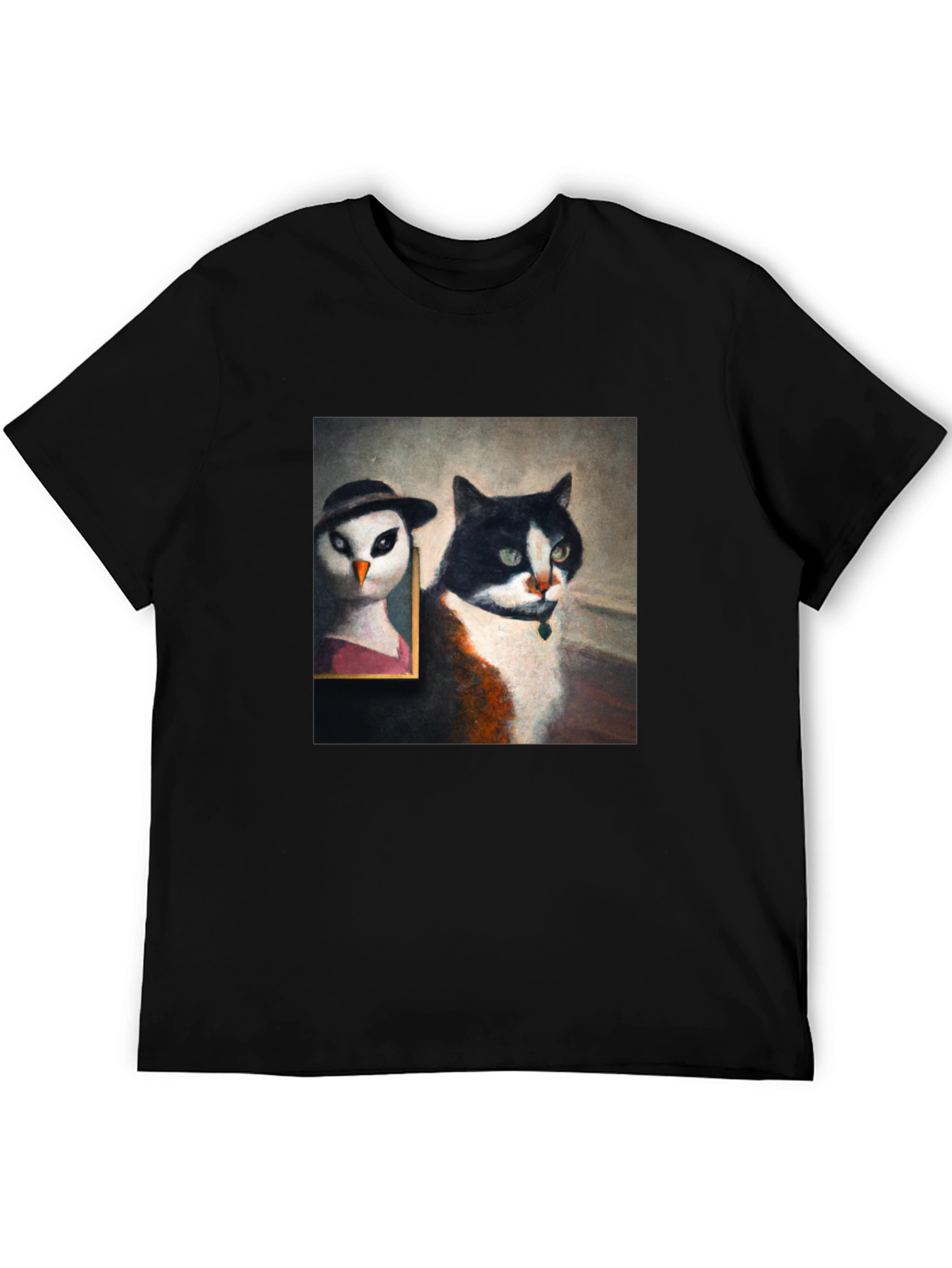 Cat & Owl Portrait Black T-Shirt