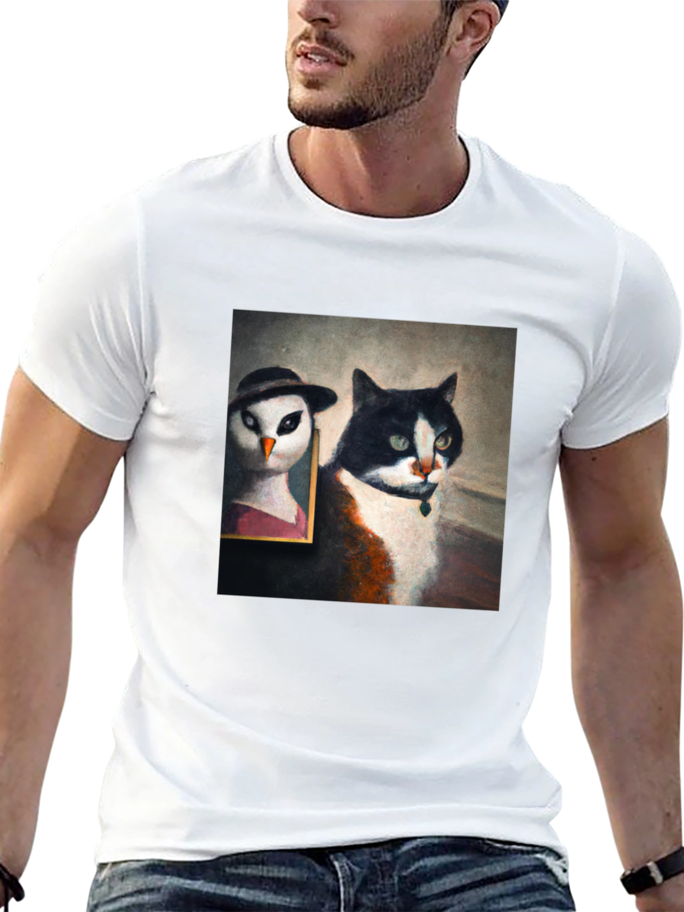 Cat & Owl Portrait Black T-Shirt