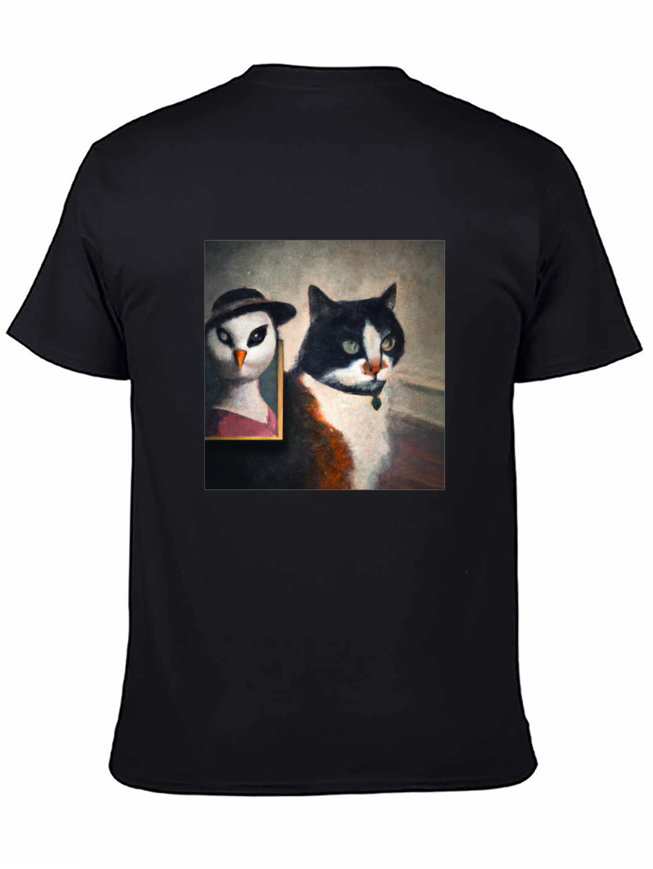 Cat & Owl Portrait Black T-Shirt