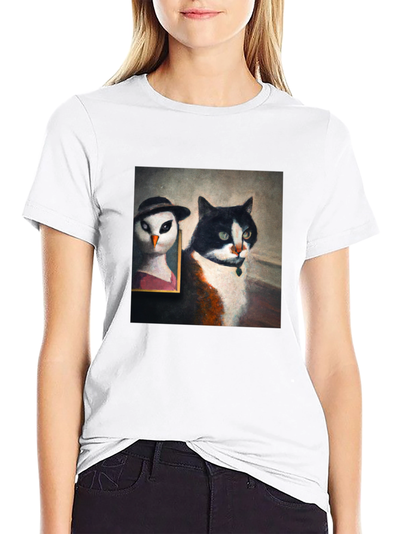 Cat & Owl Portrait Black T-Shirt