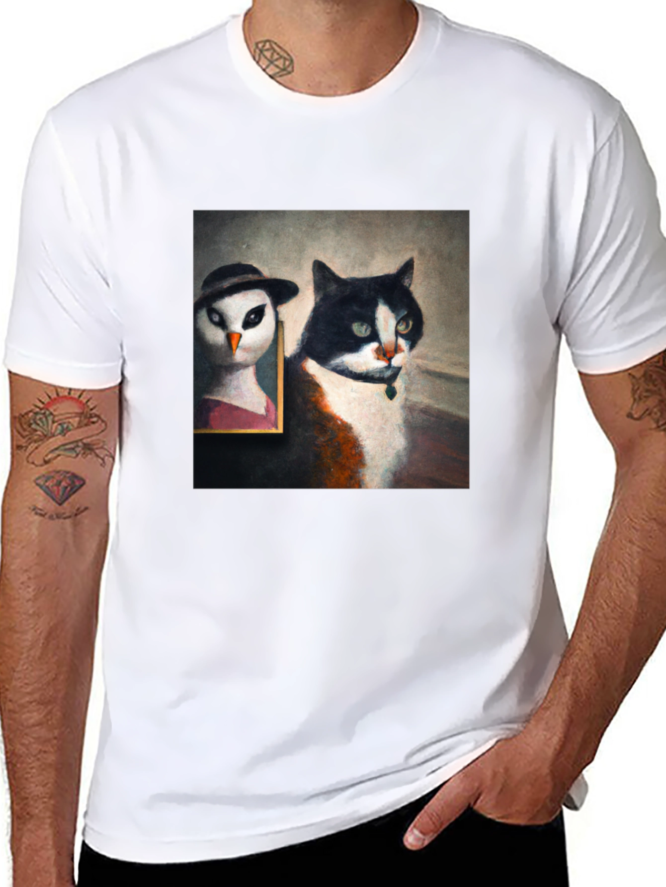 Cat & Owl Portrait Black T-Shirt