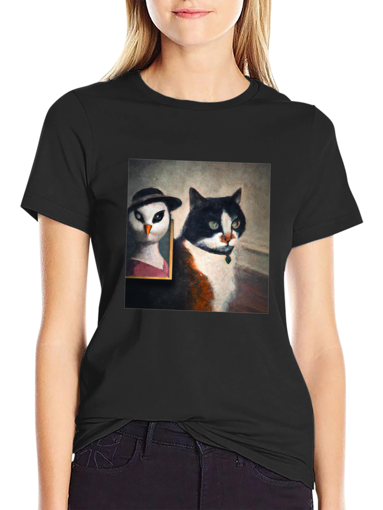 Cat & Owl Portrait Black T-Shirt