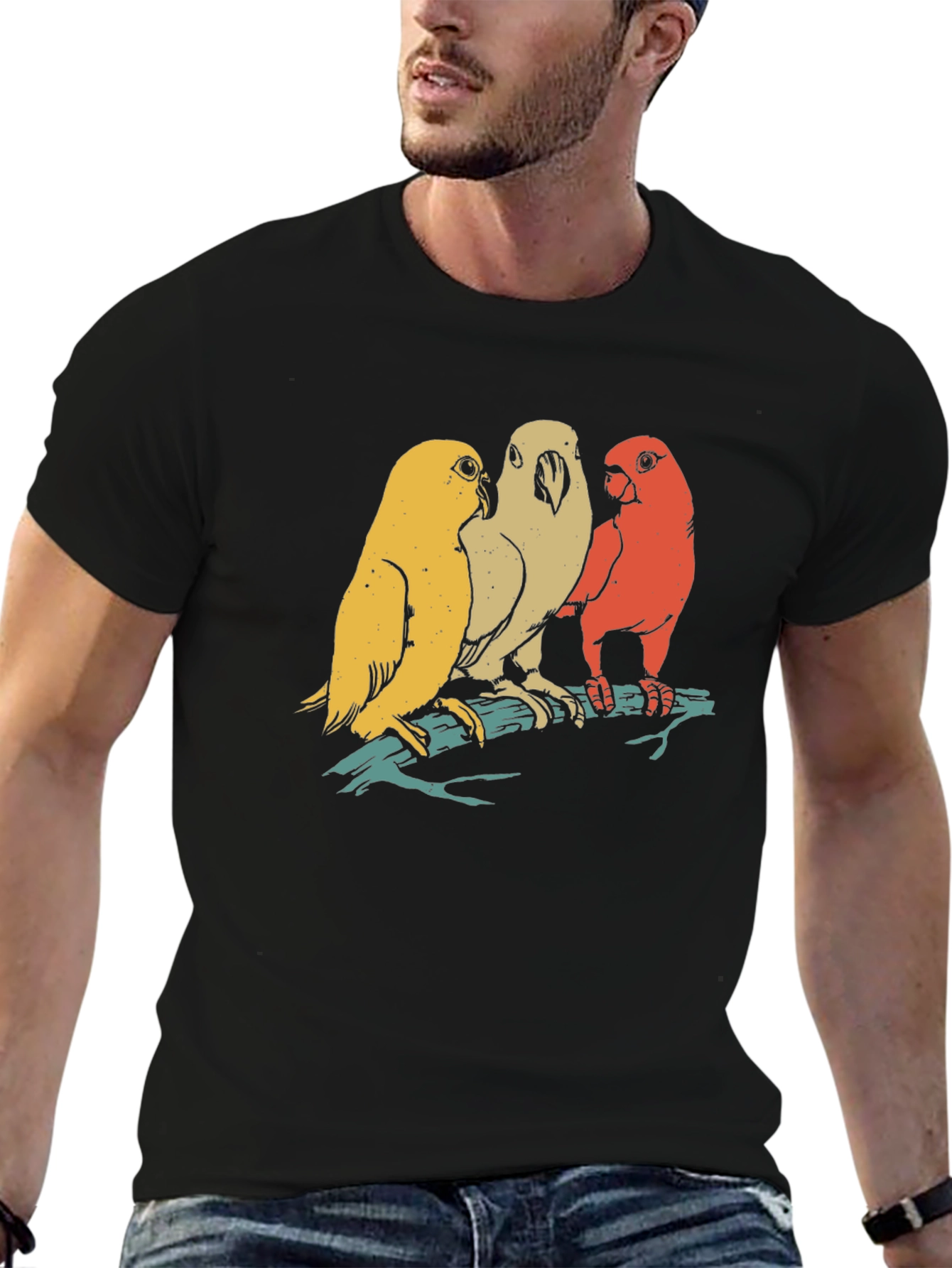 Retro Bird Trio Graphic Tee - Casual Black T-Shirt