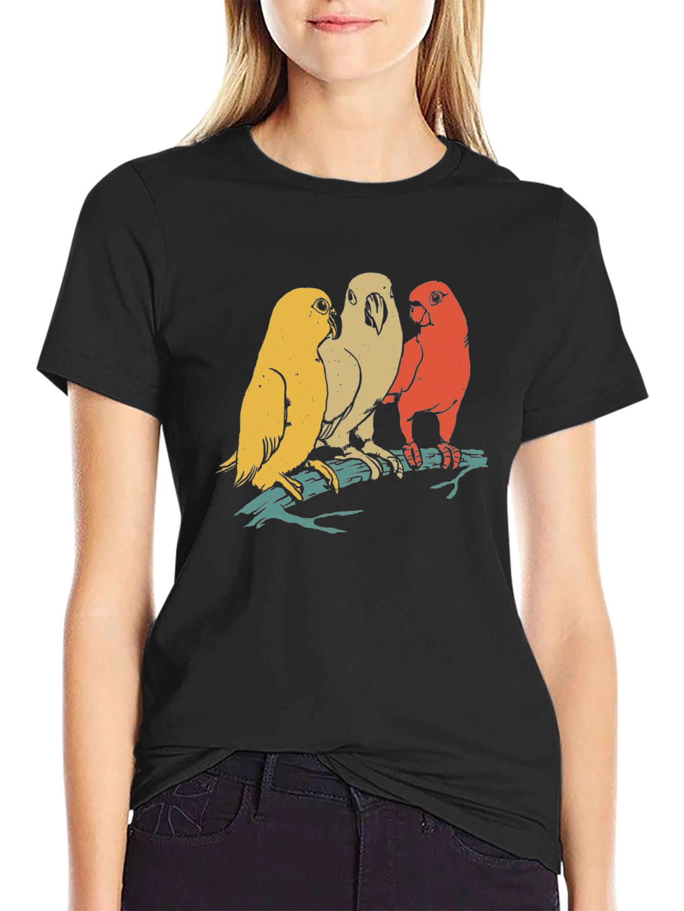 Retro Bird Trio Graphic Tee - Casual Black T-Shirt
