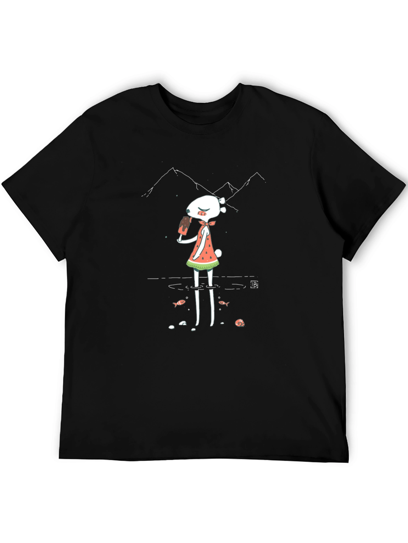 Funky Graphic Tee - Cartoon Character & Mountain Design