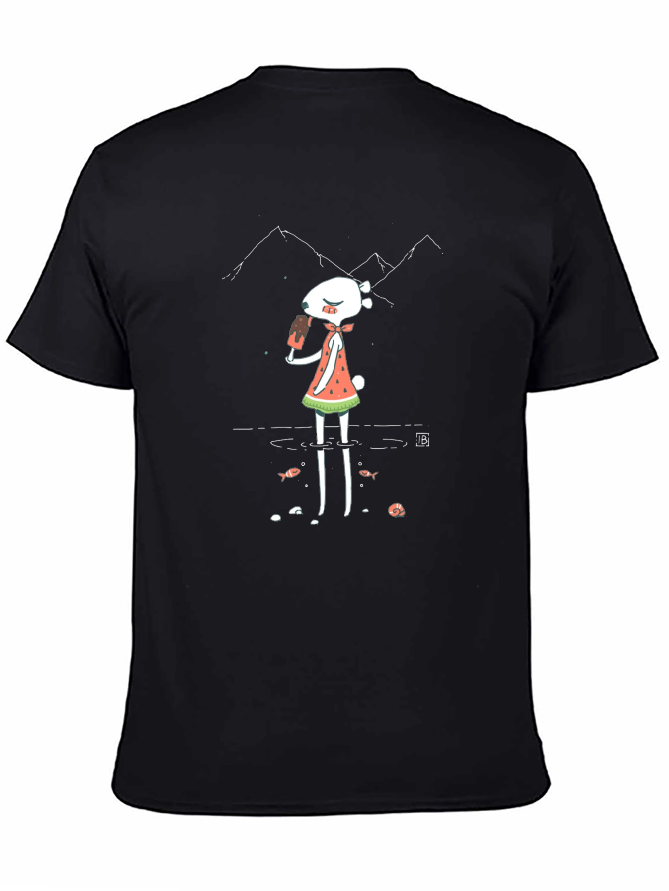 Funky Graphic Tee - Cartoon Character & Mountain Design