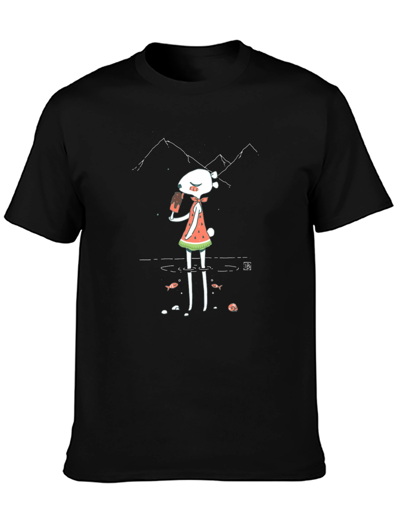 Funky Graphic Tee - Cartoon Character & Mountain Design