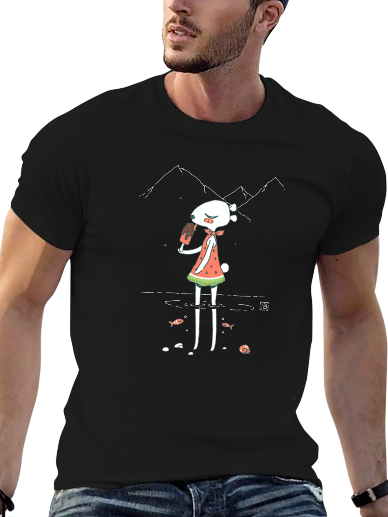 Funky Graphic Tee - Cartoon Character & Mountain Design
