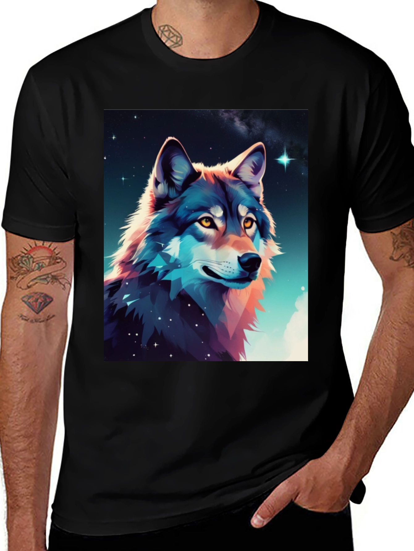 Wolf Galaxy Graphic Tee - Black Cotton Blend