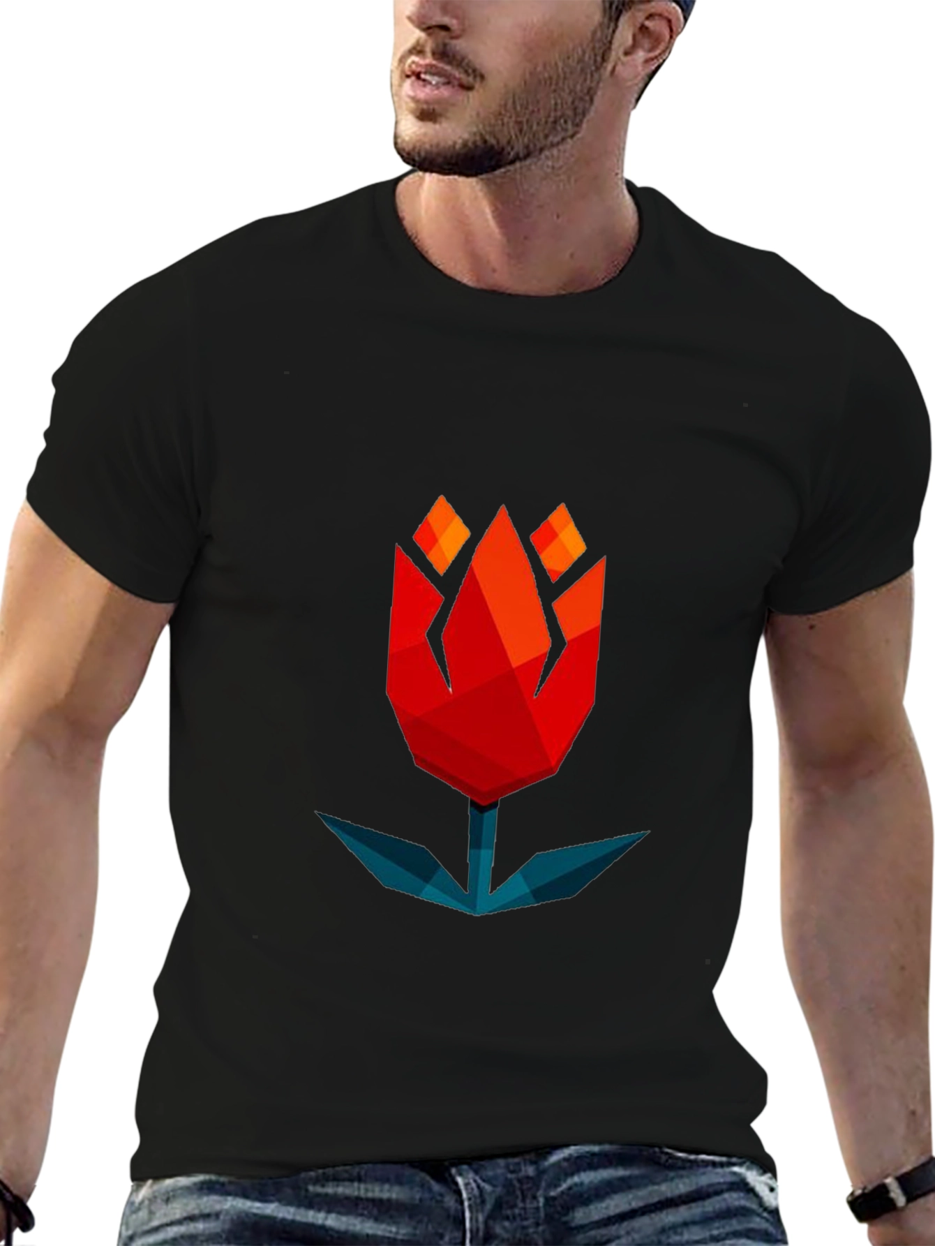 Geometric Tulip Graphic Tee - Modern Black T-Shirt