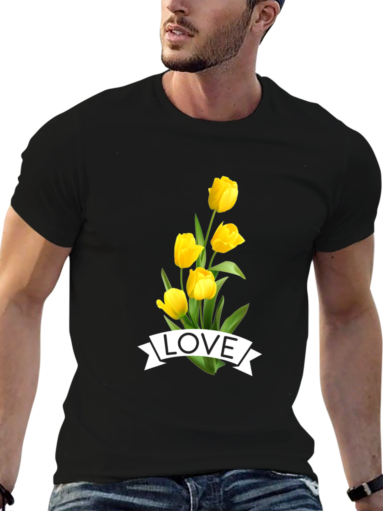 Love Tulips Graphic Tee - Black Cotton T-Shirt