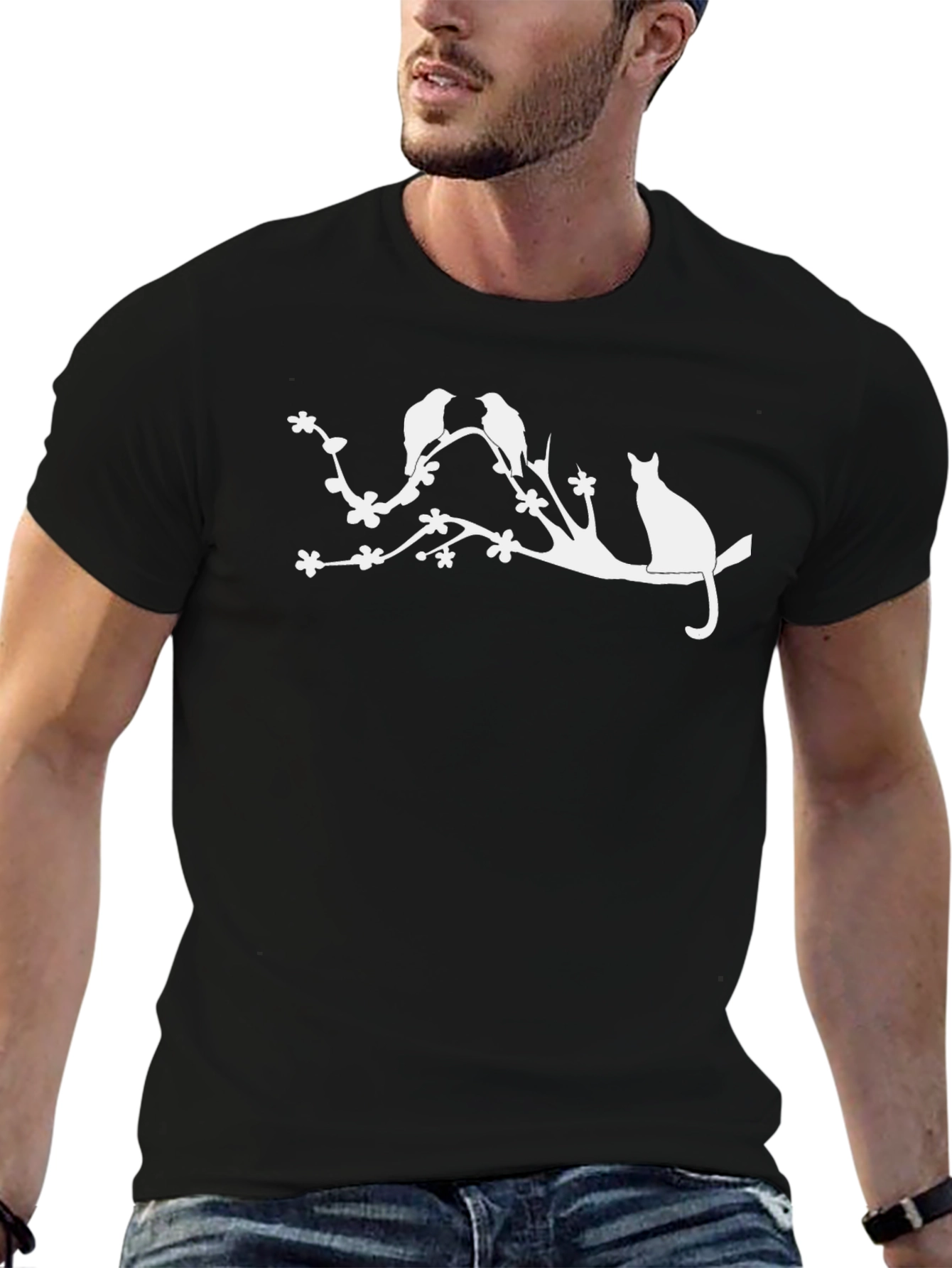 Nature Inspired Black T-Shirt with Cat & Birds