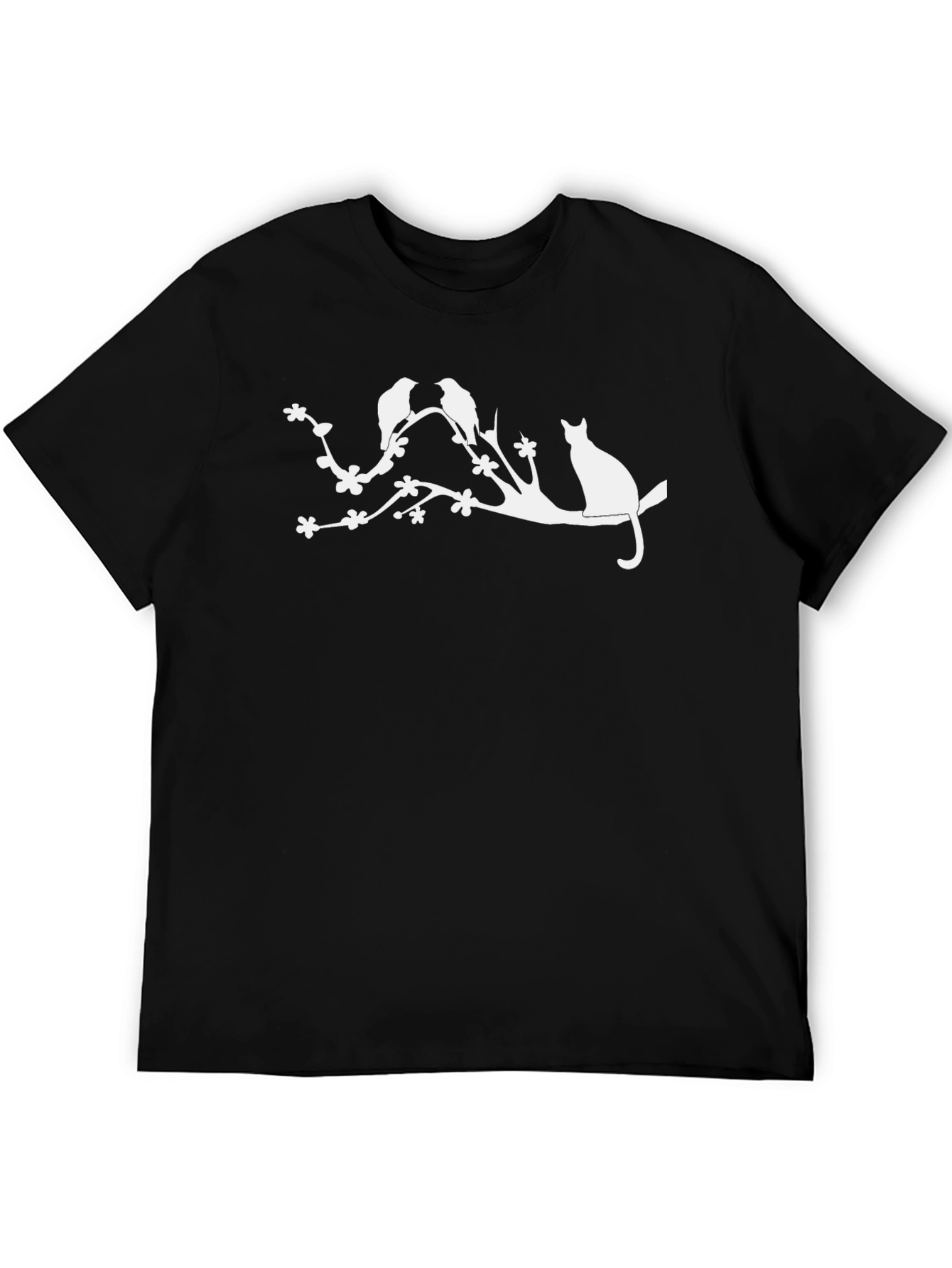 Nature Inspired Black T-Shirt with Cat & Birds