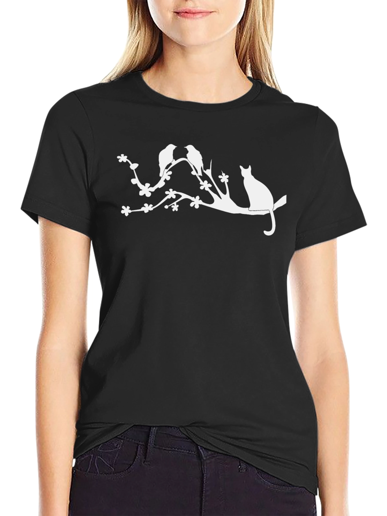 Nature Inspired Black T-Shirt with Cat & Birds