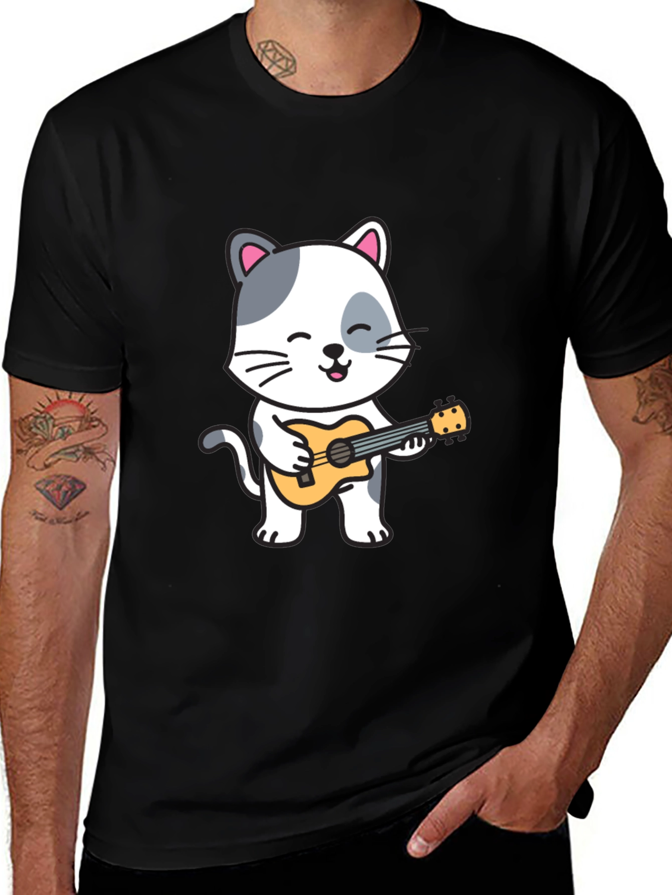 Cat Playing Ukulele Graphic T-Shirt
