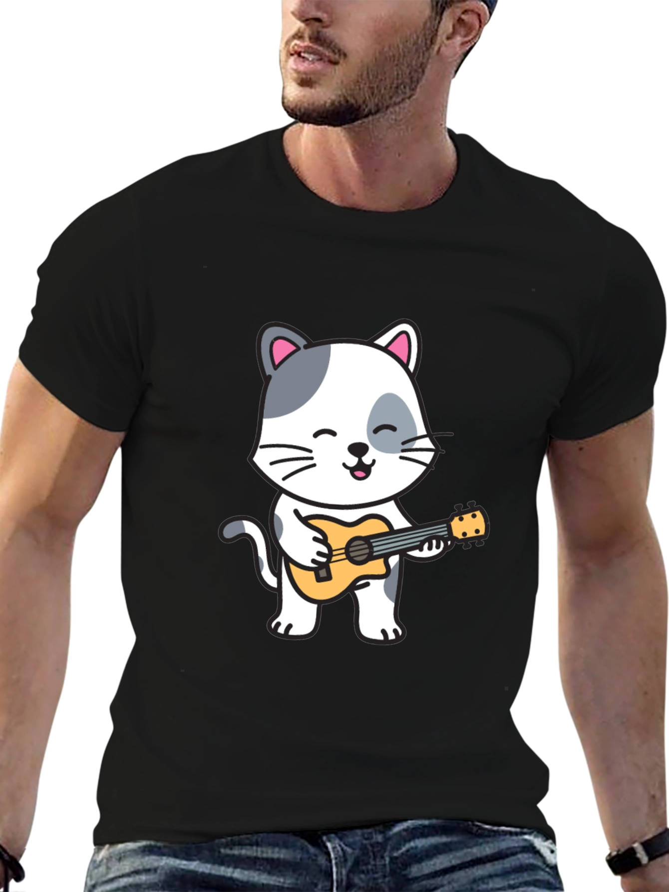 Cat Playing Ukulele Graphic T-Shirt