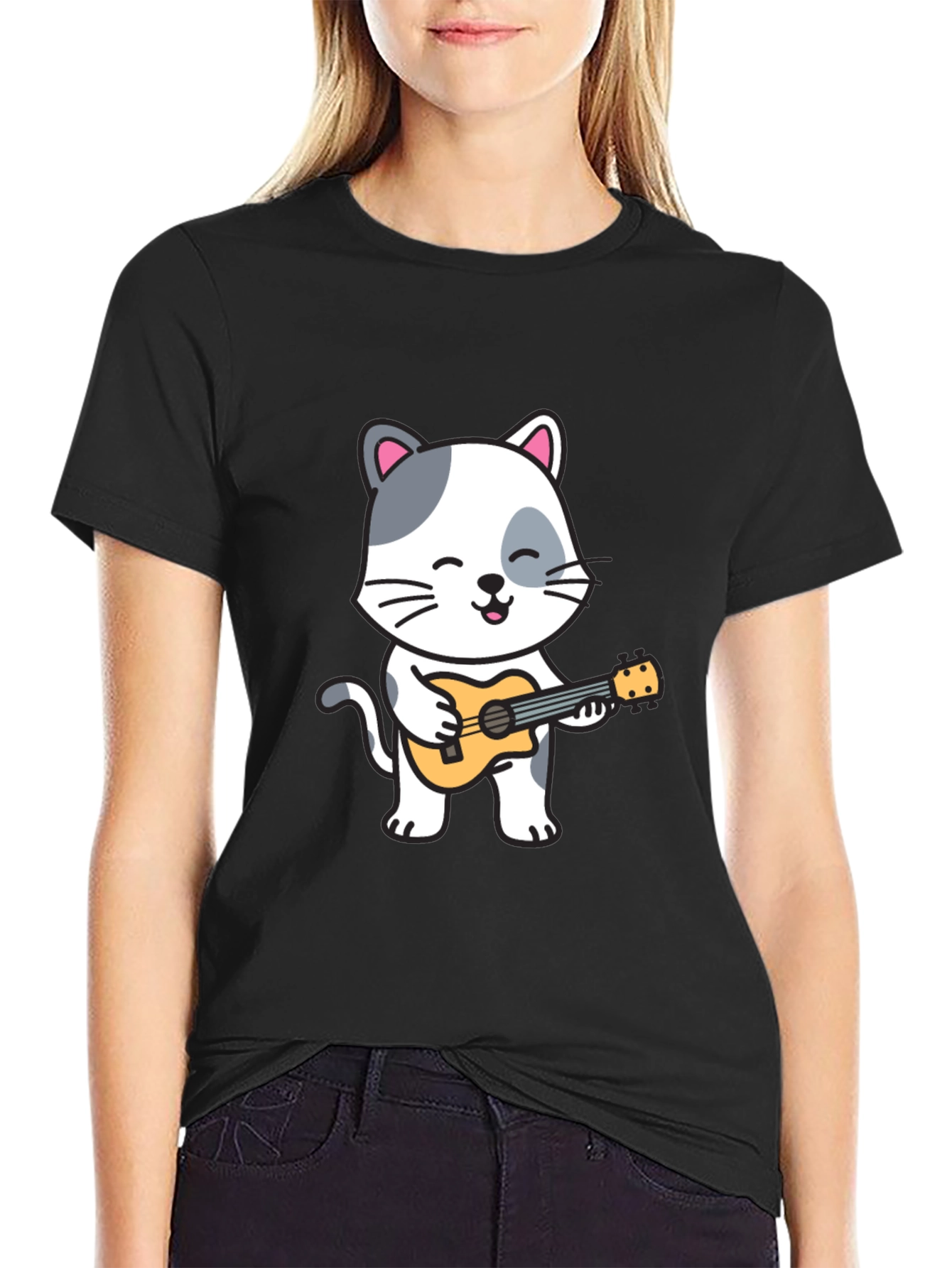 Cat Playing Ukulele Graphic T-Shirt