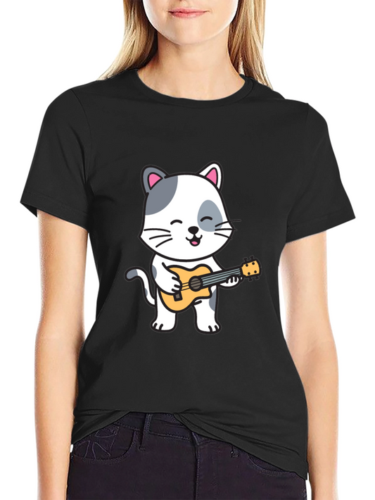 Cat Playing Ukulele Graphic T-Shirt