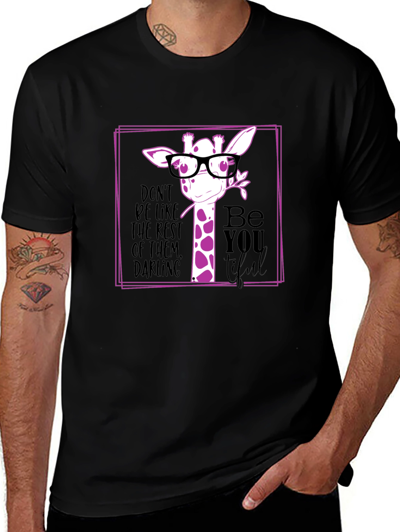Giraffe with Glasses Graphic Black T-Shirt