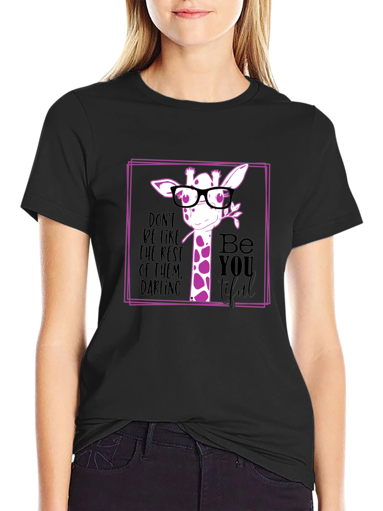Giraffe with Glasses Graphic Black T-Shirt