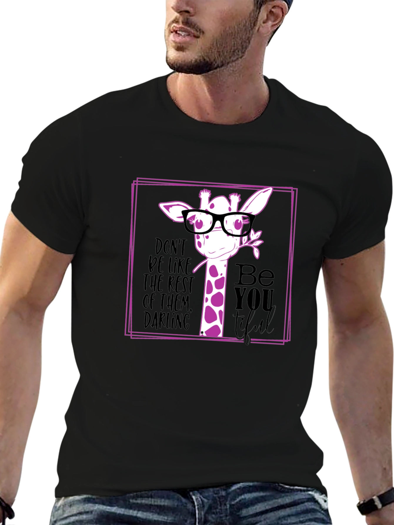 Giraffe with Glasses Graphic Black T-Shirt