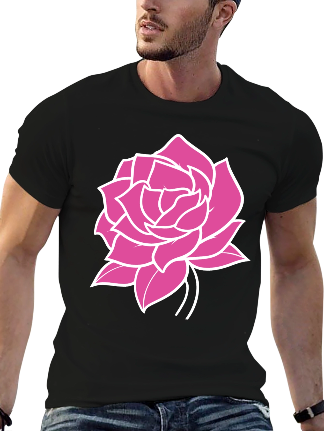 Black T-Shirt with Pink Rose Graphic