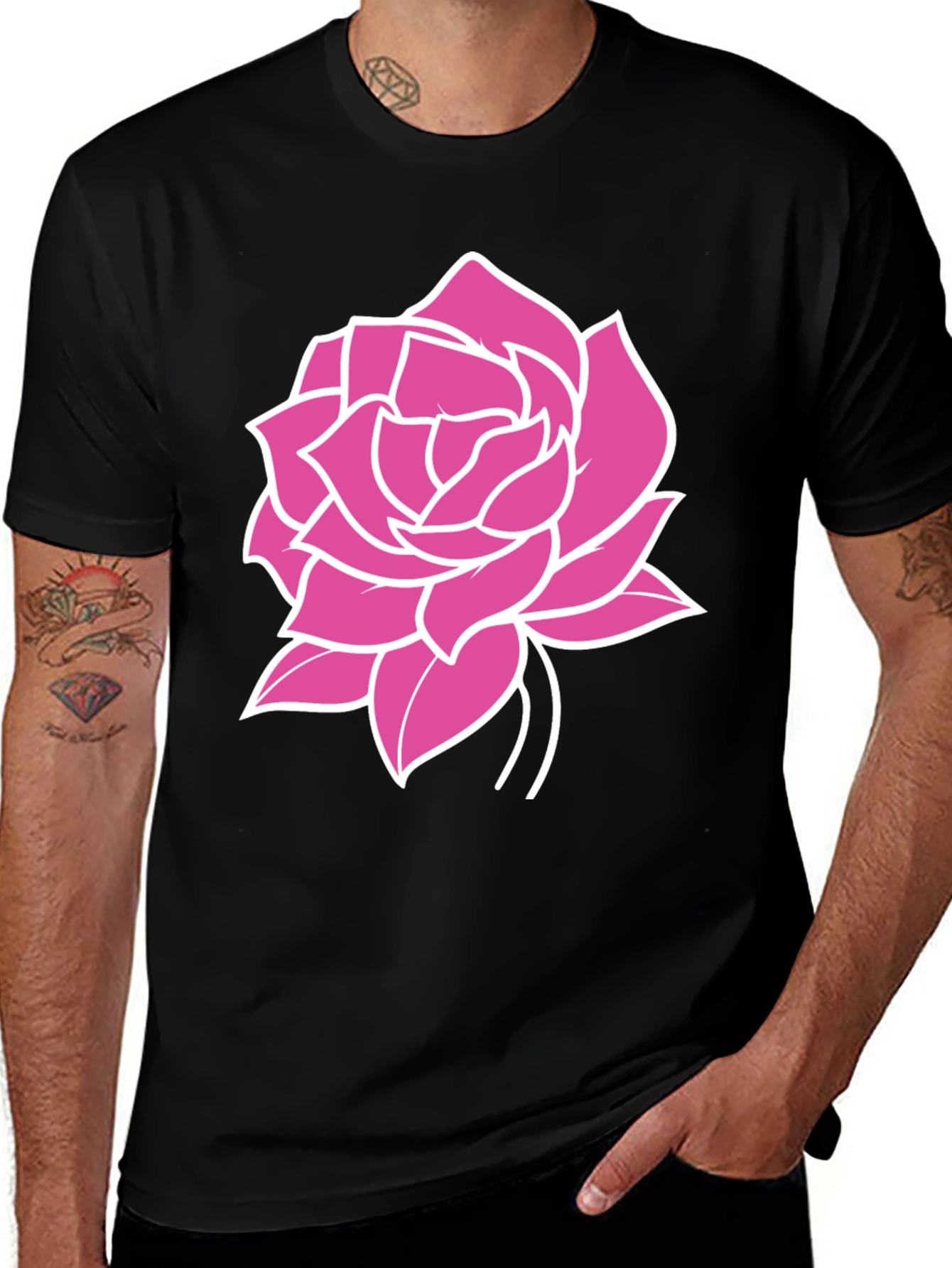 Black T-Shirt with Pink Rose Graphic