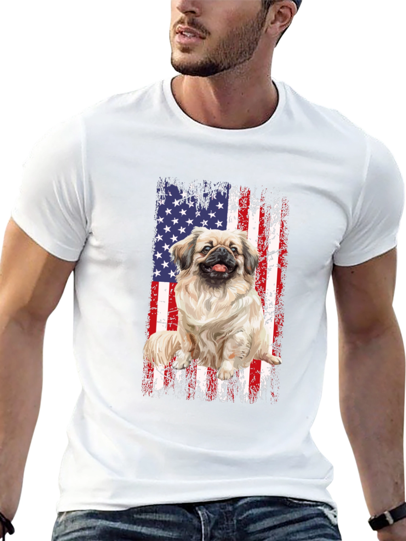 Patriotic Pekingese Dog T-Shirt - American Flag Design