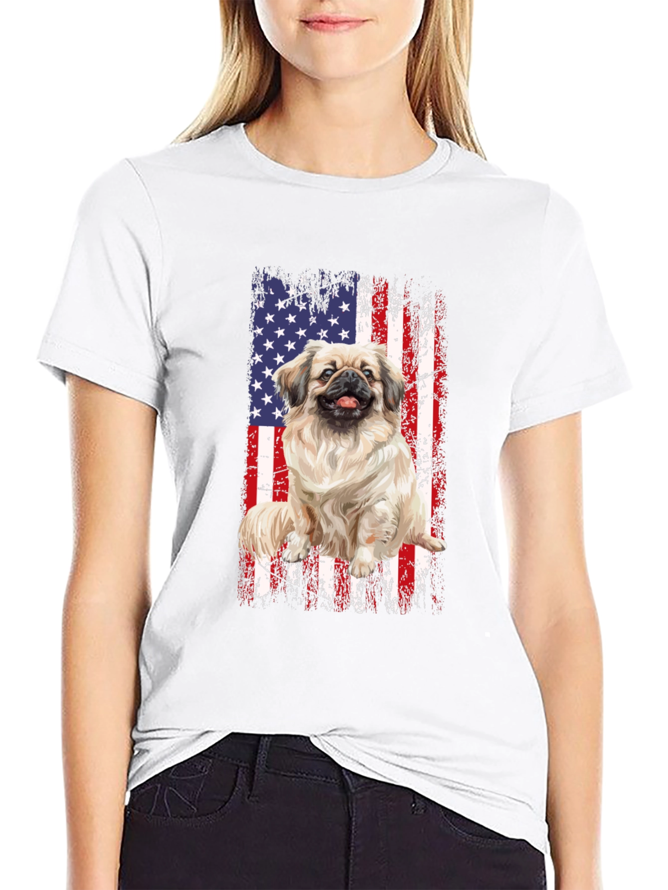 Patriotic Pekingese Dog T-Shirt - American Flag Design